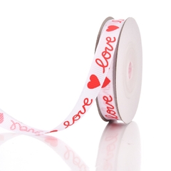 Ruybang gân 1cm x10m - chữ love trái tim đỏ nền trắng.