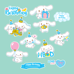 Combo 2 set giấy- chó  Cinnamoroll (mẫu đội mũ sinh nhật xanh và cầm chùm bóng hồng).