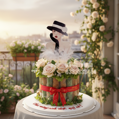 Thẻ cắm cô gái giấy mũ trắng đen -gắn lông trắng.