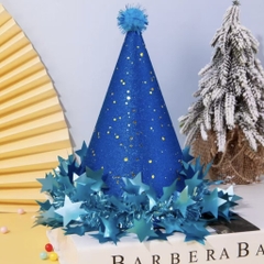 Set 10 mũ sinh nhật lấp lánh gắn tua rua hình ngôi sao - MÀU XANH DƯƠNG ĐẬM (kt 19X13cm).