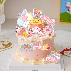 Combo 2 set giấy - bé GÁI đội mũ hình con vịt + chùm bóng+ chong chóng.