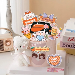 Combo 2 set giấy - bé gái kute đội mũ lưỡi trai và cây cắm chữ smile.