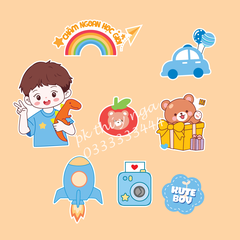Combo 2 set giấy - bé trai áo xanh dương ôm khủng long.