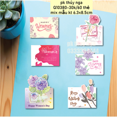 Set 60 thiệp giấy Happy women's day mix 6 mẫu-hình chữ nhật kt 8.5cm x6.3cm.