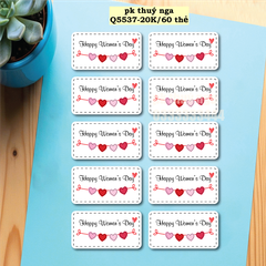 Set 60 thẻ giấy  trắng Happy women's day và dây trái tim (HÌNH CHỮ NHẬT).