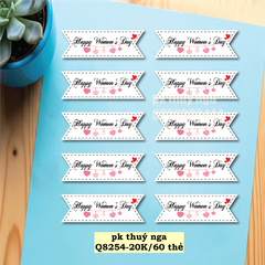 Set  60 thẻ trắng kèm que cắm- Happy Women's day chữ mảnh và dây trái tim đỏ.