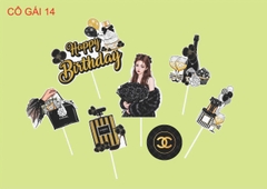 10 set giấy cô gái ôm hoa màu đen và chữ hpbd chùm bóng.