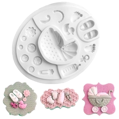 Khuôn silicon hình tròn - xe nôi, bình sữa, bàn chân baby.