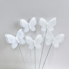 Set 5 bướm vải 2 lớp đính ngọc trai-TRẮNG.