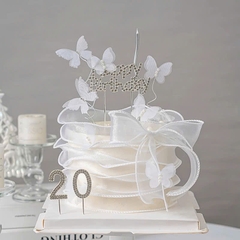 Set 5 bướm vải 2 lớp đính ngọc trai-TRẮNG.