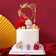 Cây cắm Tết - khung tròn kim loại màu vàng gắn hình phượng hoàng.