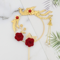 Cây cắm Tết - khung tròn kim loại màu vàng gắn hình phượng hoàng.