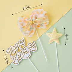 Set 3 chi tiết (nơ vải-ngôi sao vải-chữ HPBD)-VÀNG.