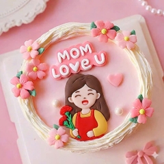 Tượng nhựa dẻo - Mẹ áo đỏ ôm hoa màu đỏ.