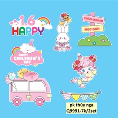 Combo 2 set giấy- bé gái ôm kẹo, xe hồng và thỏ (happy chidren's day).