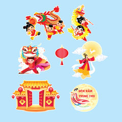Combo 2 set giấy trung thu - múa lân mẫu 2 (em bé múa lân và hằng nga).