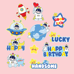 Combo 2 set giấy-Phi hành gia mix nhiều chi tiết (em bé, tên lửa, hành tinh, ngôi sao, thẻ HPBD, lucky, handsome).