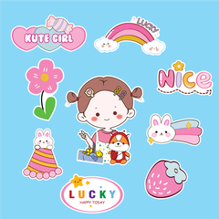 Combo 2 set giấy -bé gái ôm cún bông và quả dâu tây.