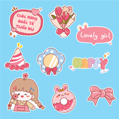 Combo 2 set giấy - Bé gái áo hồng tết tóc 2 bên, nơ và bó hoa.