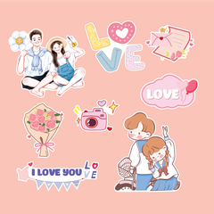 Combo 2 set giấy Valentine - 2 đôi tình yêu và bó hoa, máy ảnh.