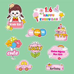 Combo 2 set giấy - bé GÁI 2 tay chạm má + bảng xinh gái+bánh sinh nhật 2 tầng.