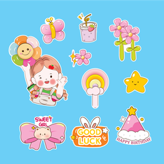 Combo 2 set giấy- bé gái áo cầu vồng, hoa và kẹo mút.