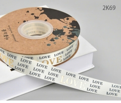 Ruybang vải kt 2.5cmx 35m - chữ LOVE vàng nhũ -nền KEM.