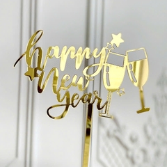 Set 10 mica Happy New Year gắn ly rượu-VÀNG.