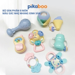 Bộ xúc xắc gặm nướu cao cấp 8 món Pikaboo, xúc xắc kết hợp silicone mềm cao cấp an toàn cho bé