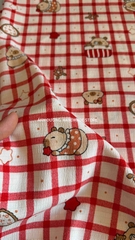 Vải xốp gạo (SLx0.5m khổ 1.5m) co dãn nhẹ, họa tiết Noel, Giáng Sinh, hoa nơ đỏ.