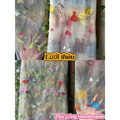 Vải Lưới (SLx0.5m khổ 1.3m) Thêu hình độc lạ, hình in chuẩn nét