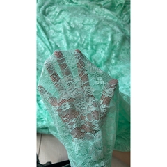 Vải ren (SLx0.5m khổ 1.5m) thêu bông màu xanh mint, mềm, co dãn, bông thêu sắc nét