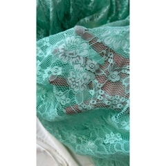 Vải ren (SLx0.5m khổ 1.5m) thêu bông màu xanh mint, mềm, co dãn, bông thêu sắc nét