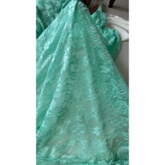 Vải ren (SLx0.5m khổ 1.5m) thêu bông màu xanh mint, mềm, co dãn, bông thêu sắc nét