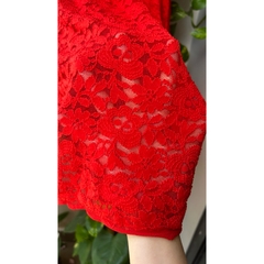 Vải ren (SLx0.5m khổ 1.3m) hoa màu đỏ cam, mềm và co dãn