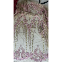 Vải Lưới (SLx0.5m khổ 1.3m) thêu hoa nhí, đính hạt châu, dính đá, viền biên, may đầm áo dài, dạ hội