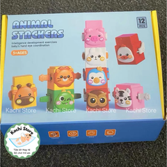 hộp đồ chơi khối xếp chồng jenga, 12 khối nhấn vui nhộn cho bé, đồ chơi tương tác