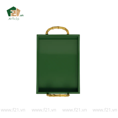 Khay chữ nhật sơn mài màu xanh có tay cầm tre