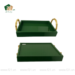 Khay chữ nhật sơn mài màu xanh có tay cầm tre