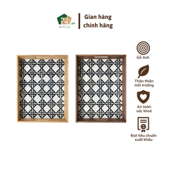 Khay gỗ chữ nhật họa tiết trắng đen