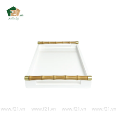 Khay chữ nhật sơn mài màu trắng có tay cầm tre