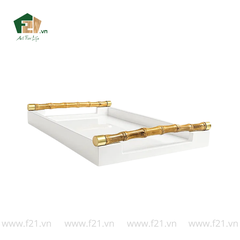 Khay chữ nhật sơn mài màu trắng có tay cầm tre