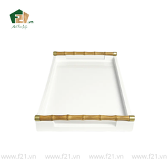Khay chữ nhật sơn mài màu trắng có tay cầm tre