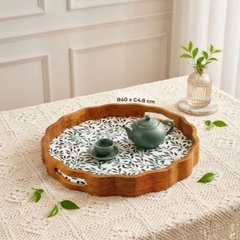 Khay tròn lượn sóng gỗ sồi họa tiết lá nguyệt quế - D40 x H4.8 cm