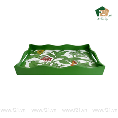 Khay chữ nhật sơn mài lượn sóng họa tiết hoa hồng và hoa lan