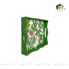 Khay chữ nhật sơn mài lượn sóng họa tiết hoa hồng và hoa lan