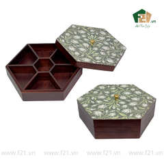 Hộp bánh mứt lục giác gỗ walnut lá thường xuân - 30x26 H10 cm