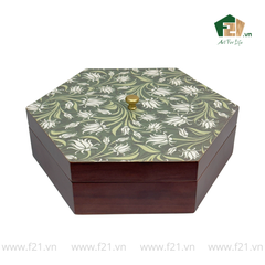 Hộp bánh mứt lục giác gỗ walnut lá thường xuân - 30x26 H10 cm