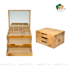 Hộp trang sức chữ nhật 3 tầng vân burl độc đáo - 25.3x20.3 H14 cm
