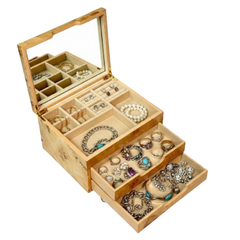 Hộp trang sức chữ nhật 3 tầng vân burl độc đáo - 25.3x20.3 H14 cm